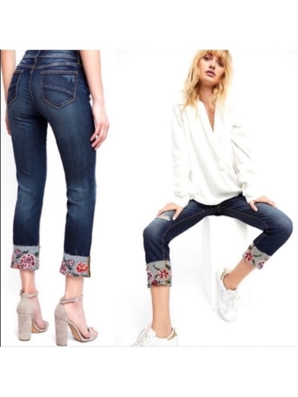 Driftwood Colette jeans 28 floral Turned up raw edge embroidered cuffs boho crop